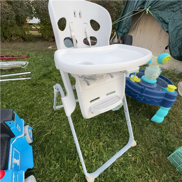 White Plastic High Chair and Blue Water Activity Table Set