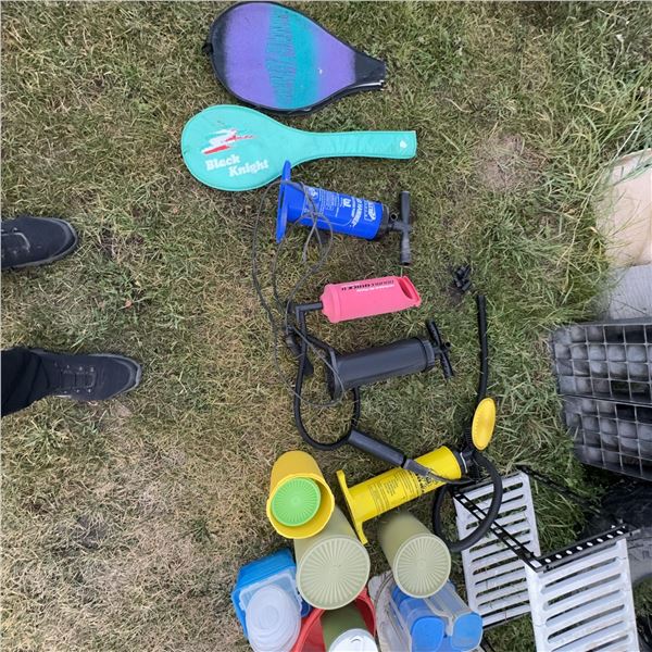 Black Knight Racquets, Manual Air Pumps, Assorted Plastic Cups and Containers