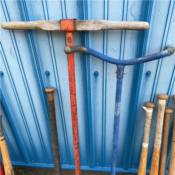 Vintage Manual Post Hole Diggers and Garden Cultivator, Metal and Wood