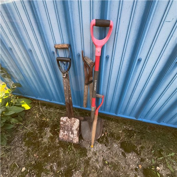 3 Hand Tools: 2 Shovels and Lopper With Wood Handles