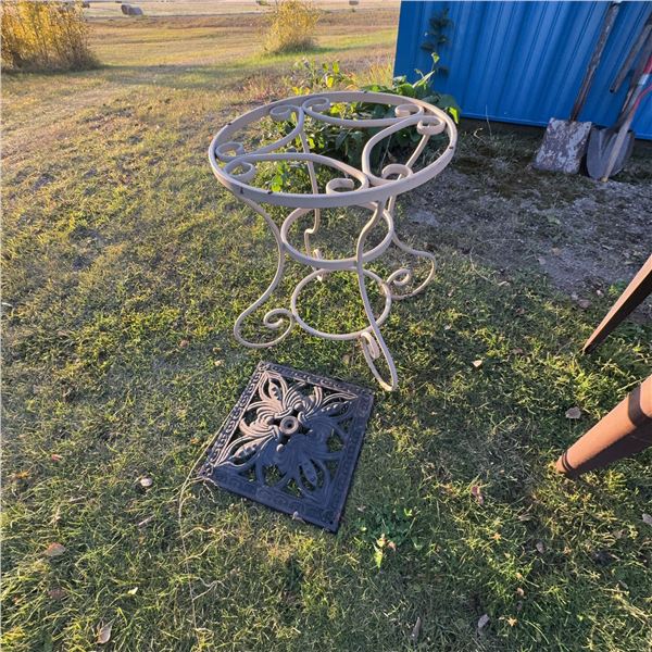 Decorative Metal Plant Stand With Scrollwork and Black Ornate Metal Grate