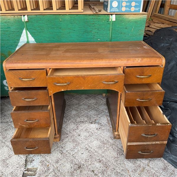 Wooden Desk with Nine Drawers, Brass Handles, 45" Wide x 21" Deep x 29" High