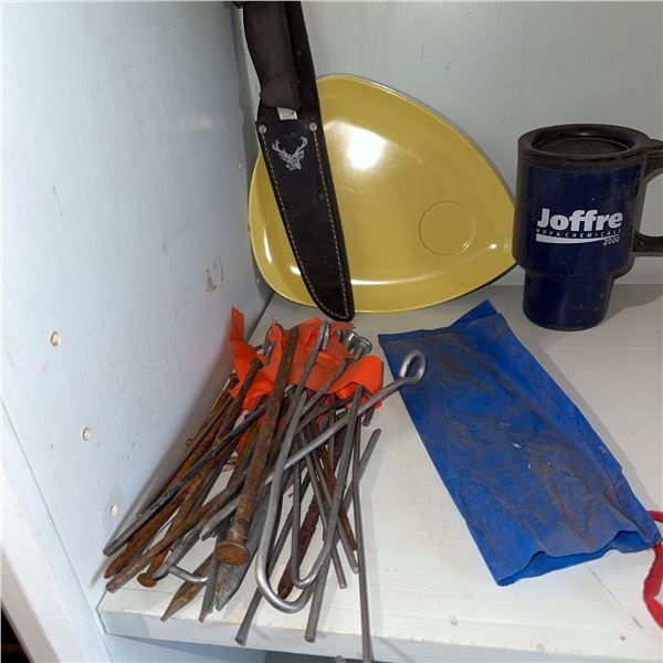 Metal Tent Stakes, Knife with Sheath, Enamel Mug, Plate and Blue Pouch