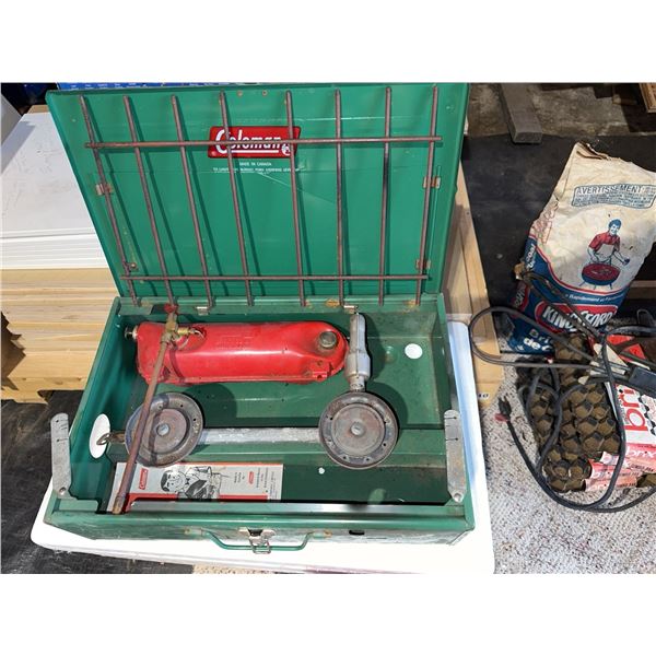 Coleman 421C Camp Stove, Grill, Charcoal, Tire Chains, Coolers, Utensils Lot