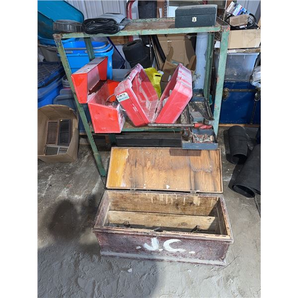 Lot: Metal Tool Storage, Wooden Boxes, Red Plastic Toolboxes, Tools and Fasteners