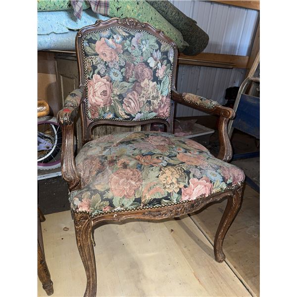 Floral Upholstered Carved Wooden Armchair with Nailhead Trim