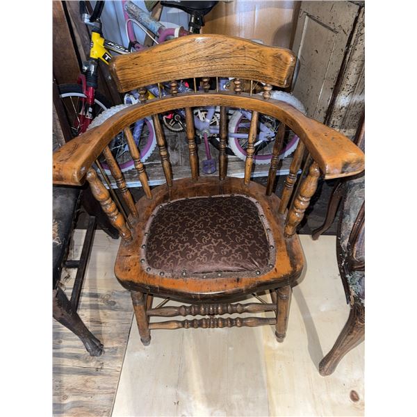 Wooden Spindle-Back Chair With Upholstered Seat And Turned Legs