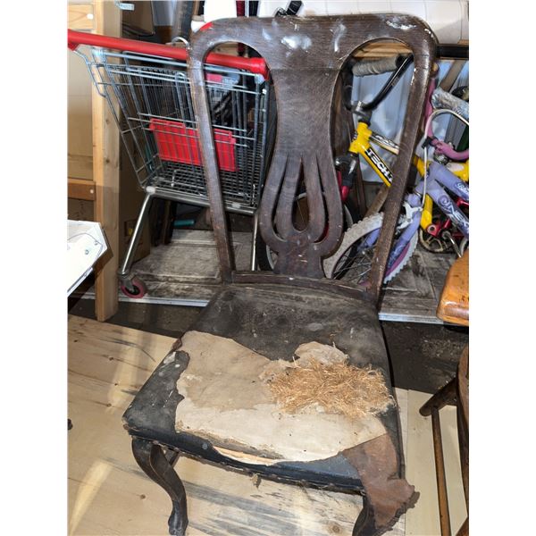 Wooden Chair with Decorative Backrest and Damaged Upholstery