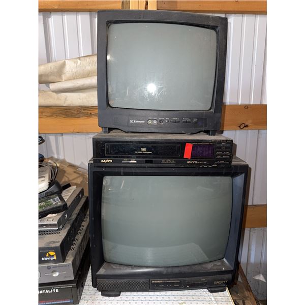 2 CRT TVs, Sanyo VCR, Satellite Receivers, Remotes, and Accessories