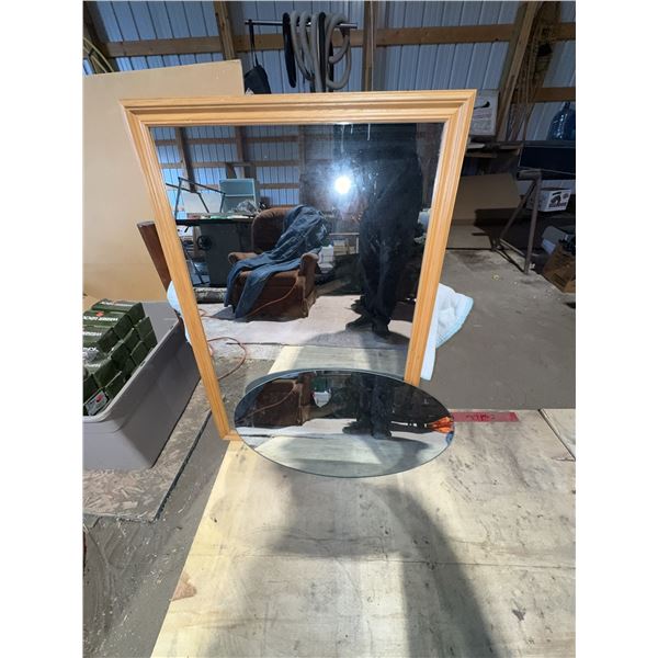 Wood Framed Rectangular Wall Mirror and Oval Frameless Mirror, 31x27 in and 30x17 in