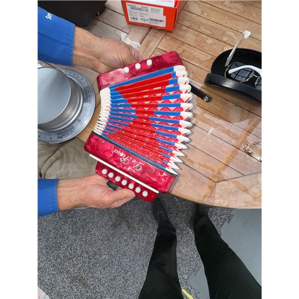 D'Luca Red Accordion with Blue and White Bellows, 7-Key, 2-Bass, Kid's Model
