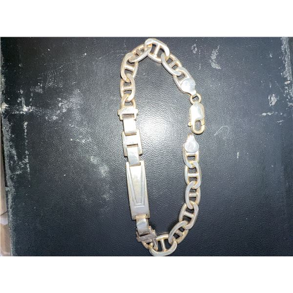 925 Italy Stamped Silver Bracelet with Rectangular Plate and Unique Chain Links, 22.4g