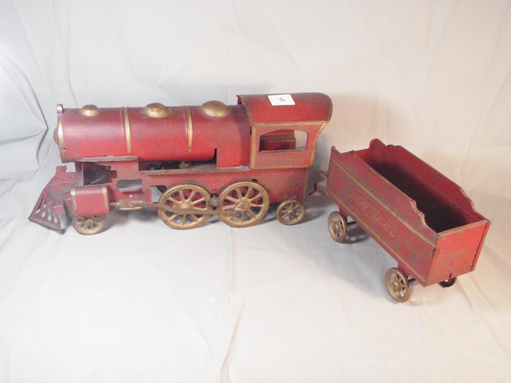 Antique Steel Toy Red Train Engine and Car