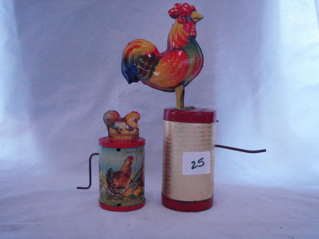 Vintage wind up Rooster and Chicken noise makers.
