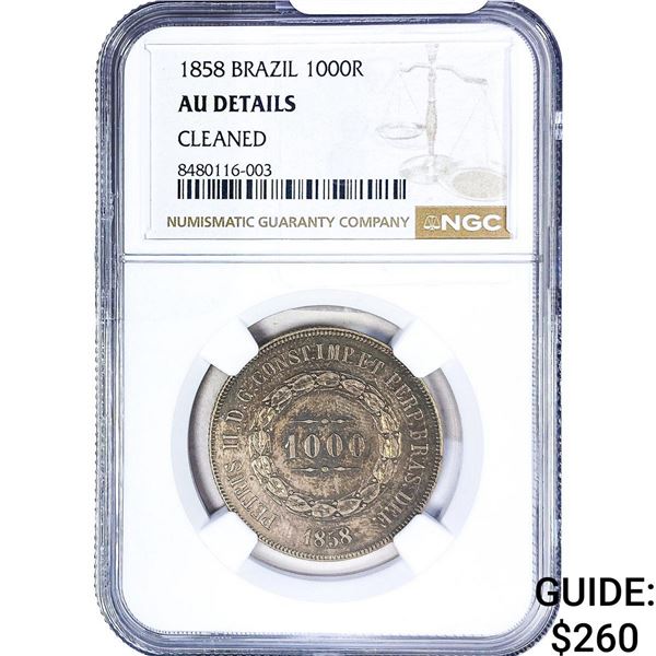 1858 Brazil Silver 1000 Reis NGC AU Details