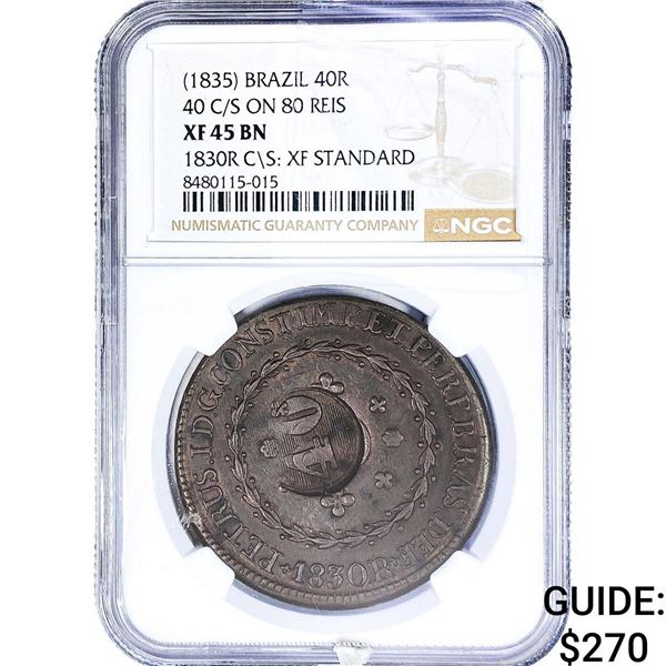 1835 Brazil Copper Counterstamped 80 over 40 Reis NGC XF45 CS:(XF) BN