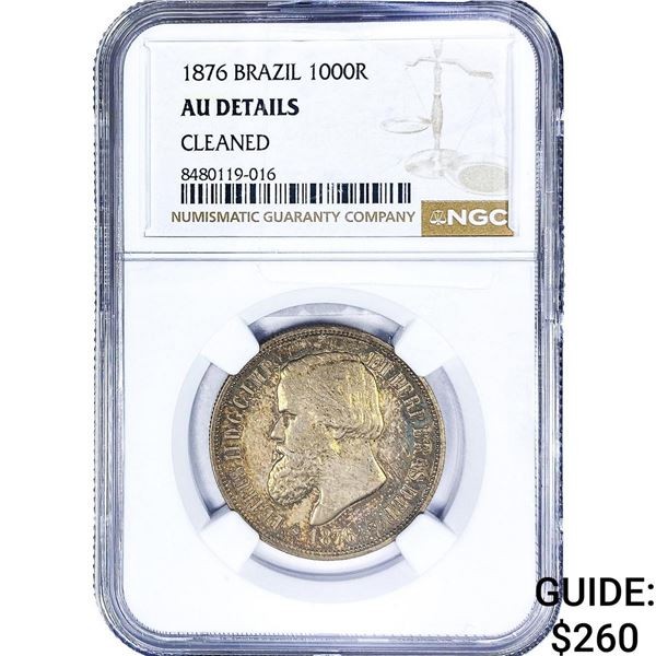 1876 Brazil Silver 1000 Reis NGC AU Details
