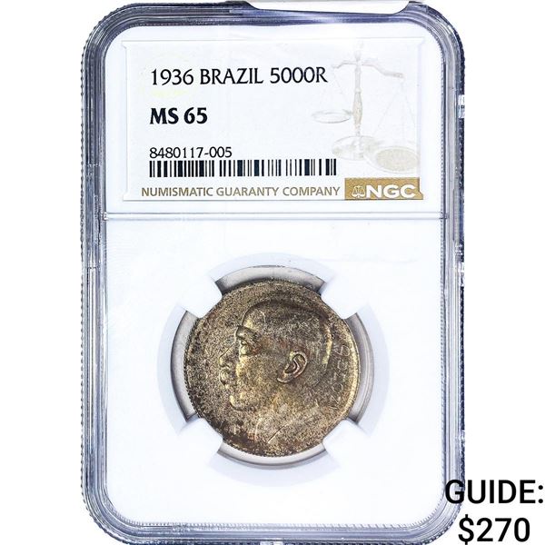 1936 Brazil Silver 5000 Reis Toned! NGC MS65