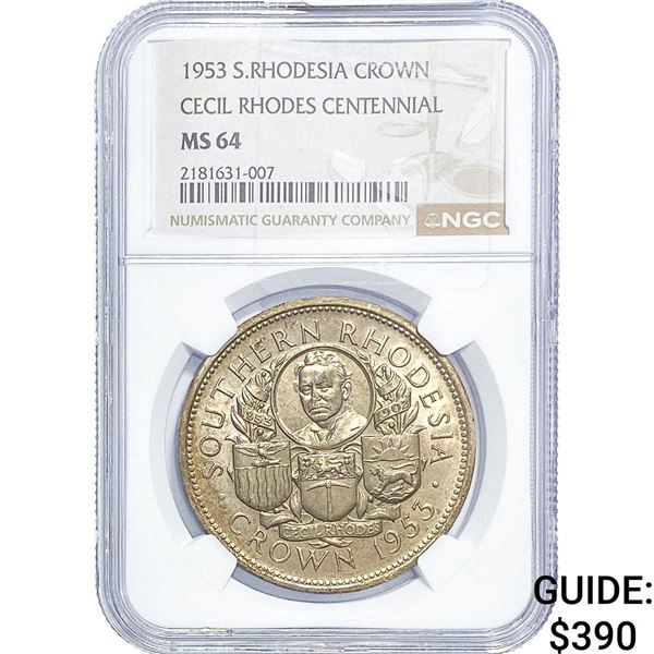 1953 S. Rhodesia Silver Crown NGC MS64