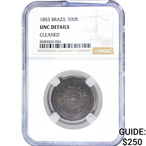 1853 Brazil Silver 500 Reis NGC UNC Details
