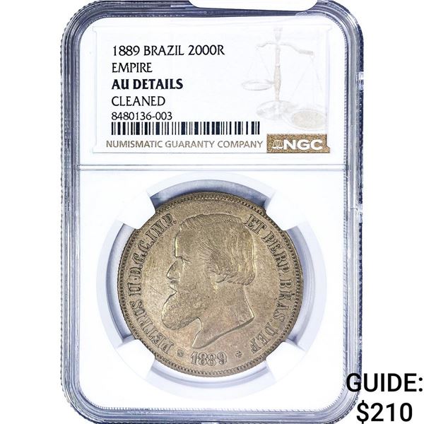 1889 Brazilian Empire Silver 2000 Reis NGC AU Details