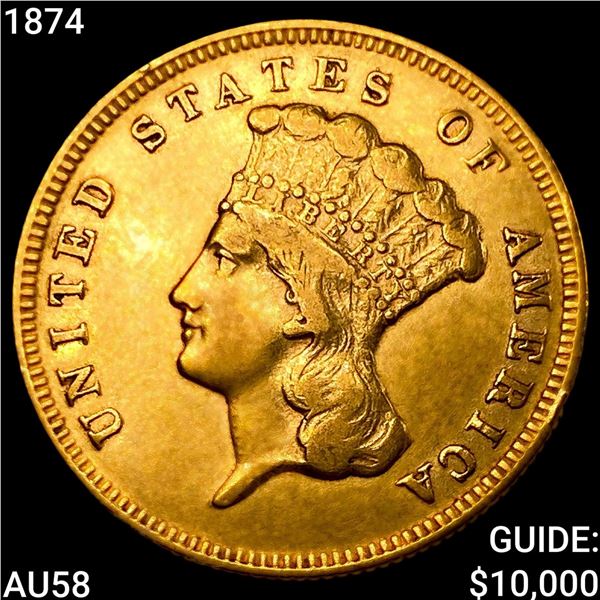 1874 $3 Gold Piece CHOICE AU