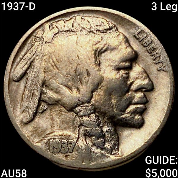 1937-D 3 Leg Buffalo Nickel CHOICE AU