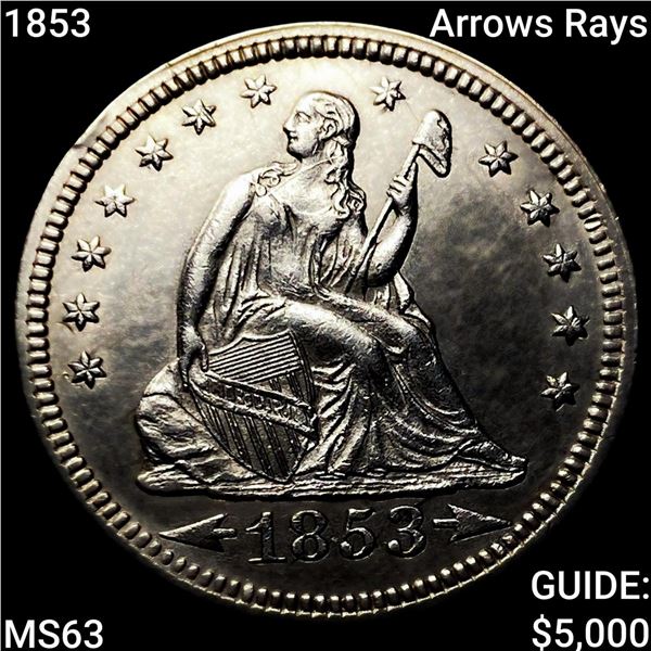 1853 Arrows Rays Seated Liberty Quarter CHOICE BU