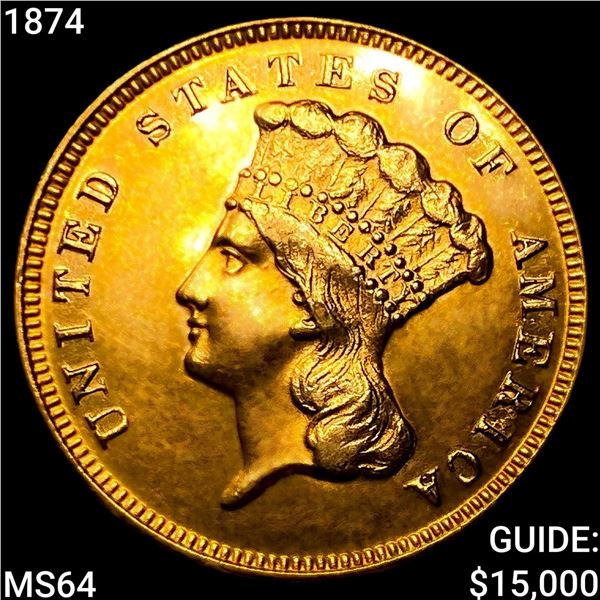 1874 $3 Gold Piece CHOICE BU