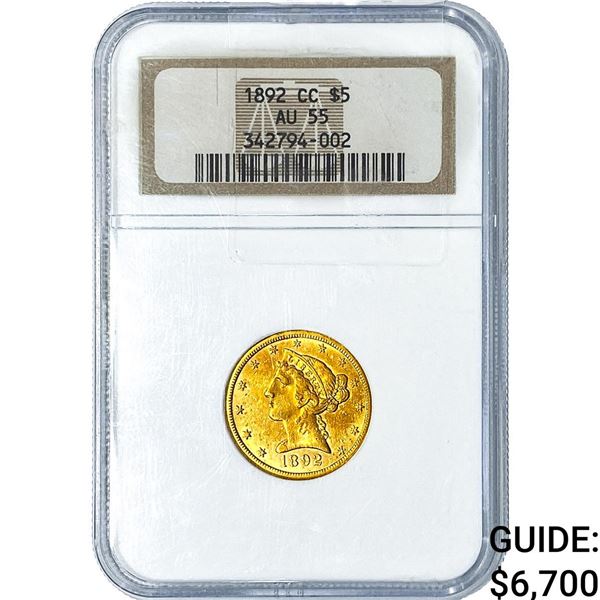 1892-CC $5 Gold Half Eagle NGC AU55