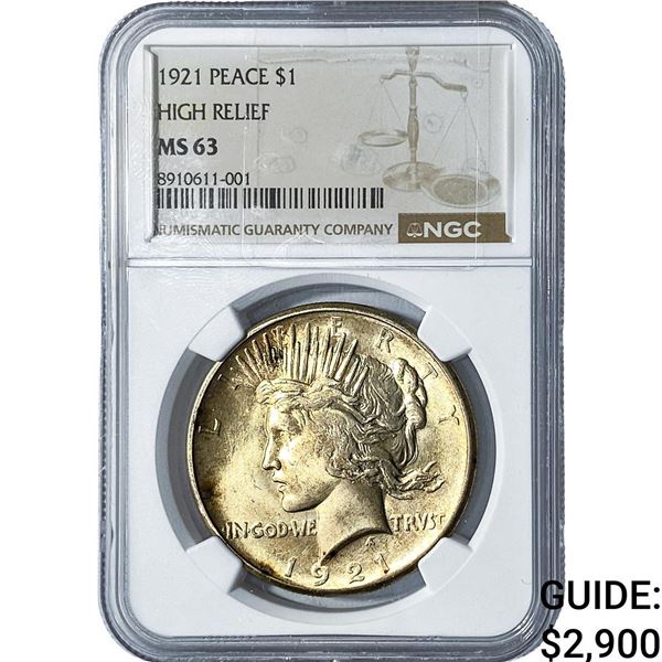 1921 Silver Peace Dollar NGC MS63 High Relief