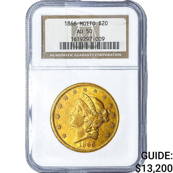 1866 $20 Gold Double Eagle NGC AU50 Motto