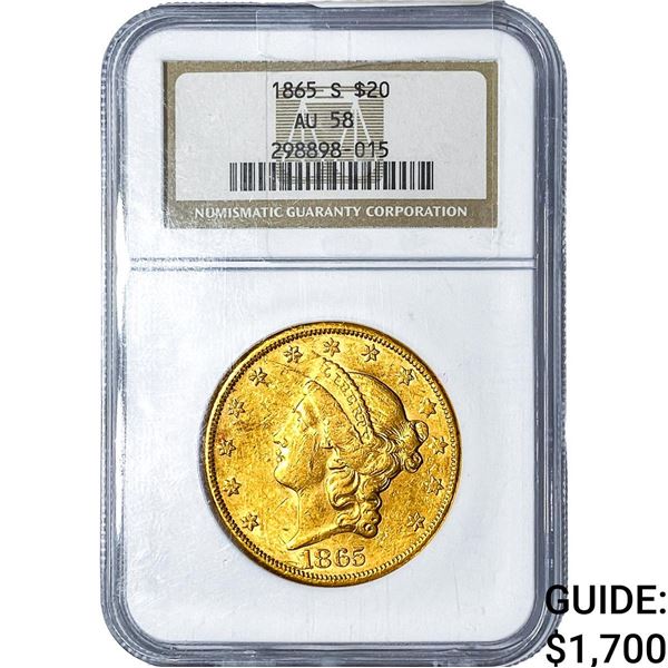 1865-S $20 Gold Double Eagle NGC AU58
