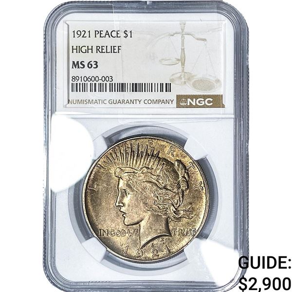 1921 Silver Peace Dollar NGC M63 High Relief