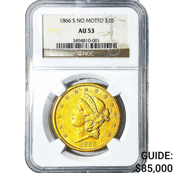 1866-S $20 Gold Double Eagle NGC AU53
