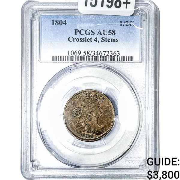 1804 Draped Bust Half Cent AU58 Crosslet 4, Stems