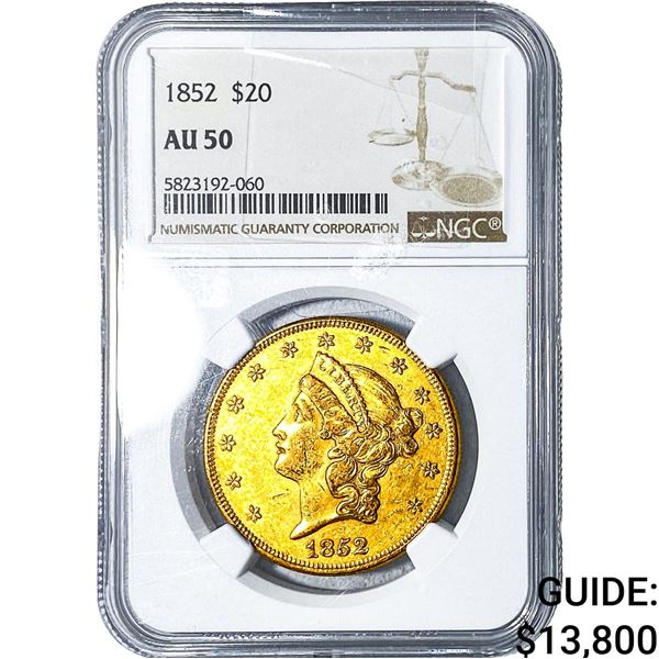1852 $20 Gold Double Eagle NGC AU50