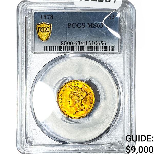 1878 $3 Gold Piece PCGS MS63