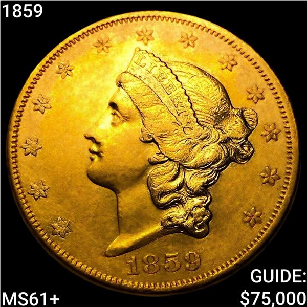 1859 $20 Gold Double Eagle UNCIRCULATED +