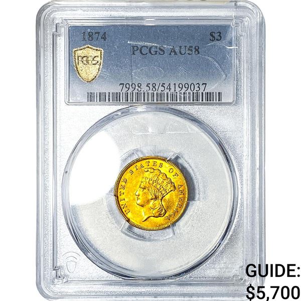 1874 $3 Gold Indian Princess PCGS AU58