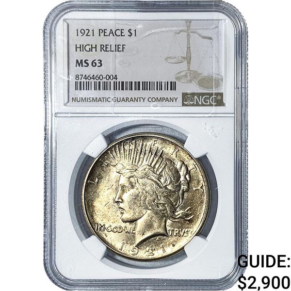 1921 Silver Peace Dollar NGC MS63 High Relief