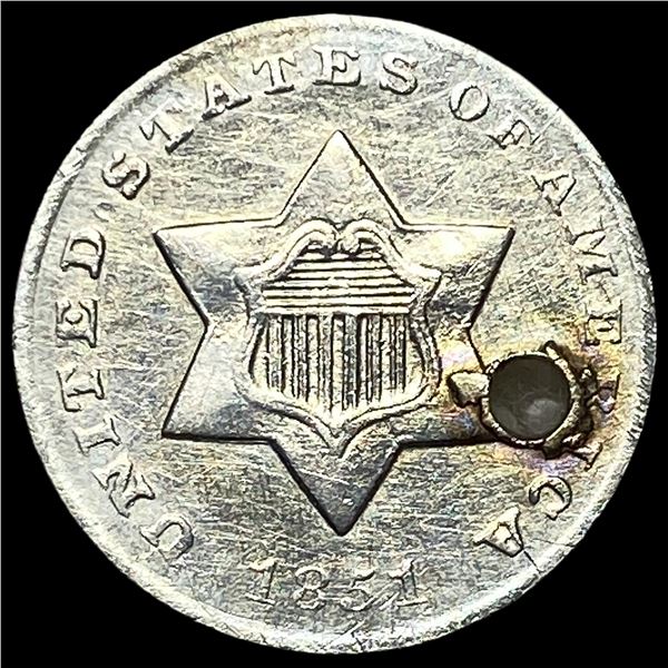 1851-O Silver Three-Cent Piece (Holed) HIGH  GRADE