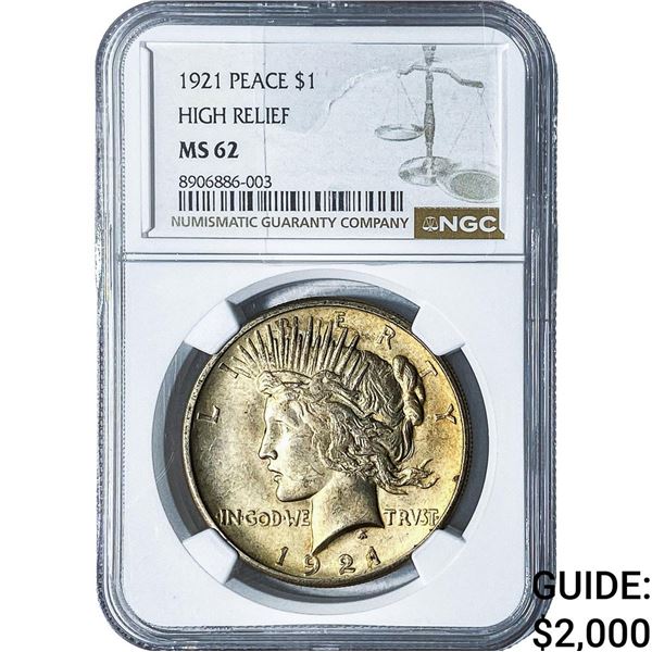 1921 Silver Peace Dollar NGC MS62 High Relief