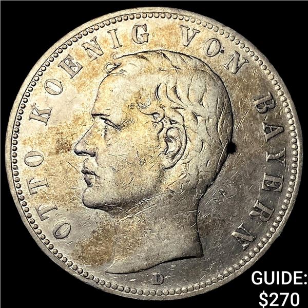 1902 Germany, Bavaria Silver 5 Marks CHOICE AU