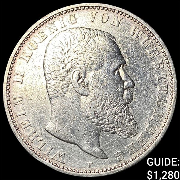 1895F German States Wuttemberg Silver 5 Mark
