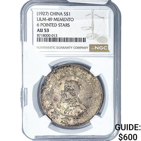 -1927 China Silver $1 Momento NGC AU53