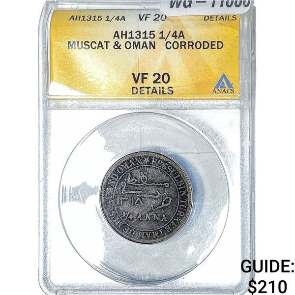 AH1315 Muscat and Oman Copper 1/4 Anna ANACS VF20 Details