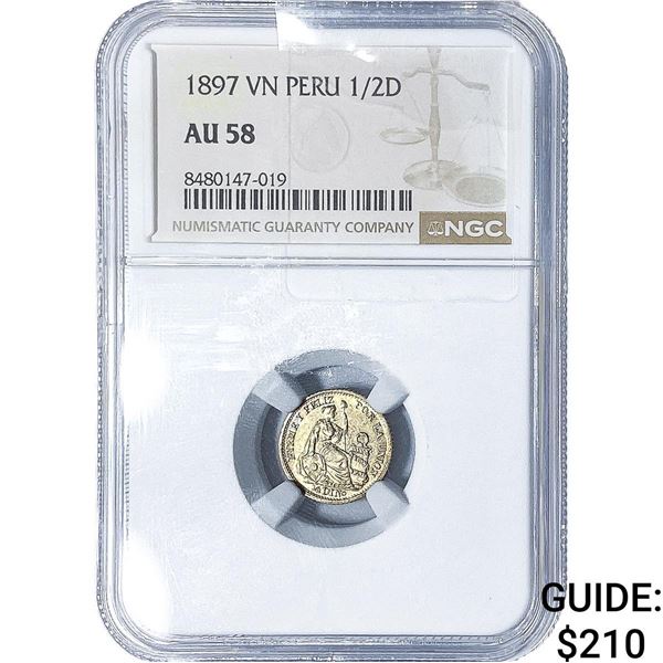 1897 Peru Silver 1/2 Dinero NGC AU58