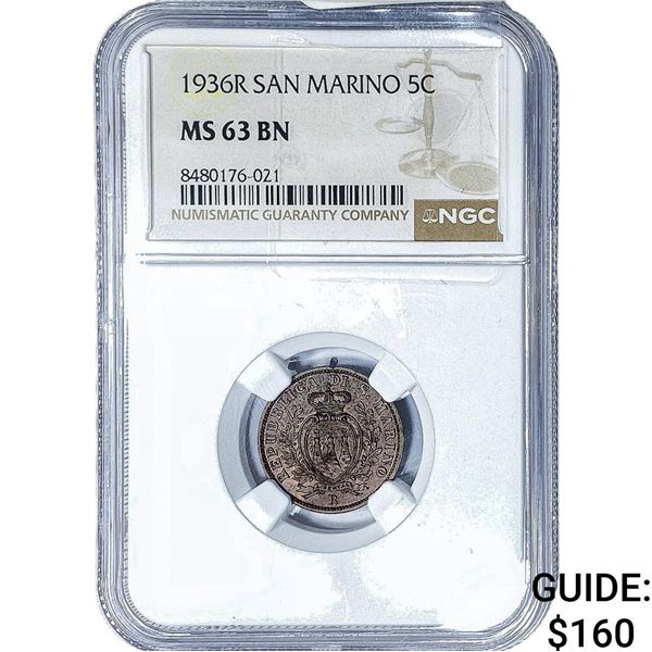 1936-R San Marino Copper 5 Centesimi NGC MS63 BN