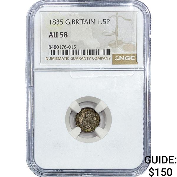 1835 Great Britain Silver 1.5 Pence NGC AU58